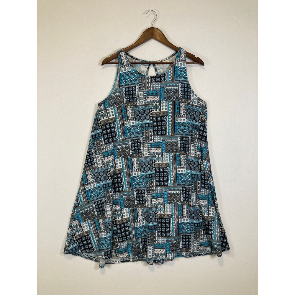 Bobbie Brooks Patchwork Swing Dress Womens Large Blue Geometric Sleeveless